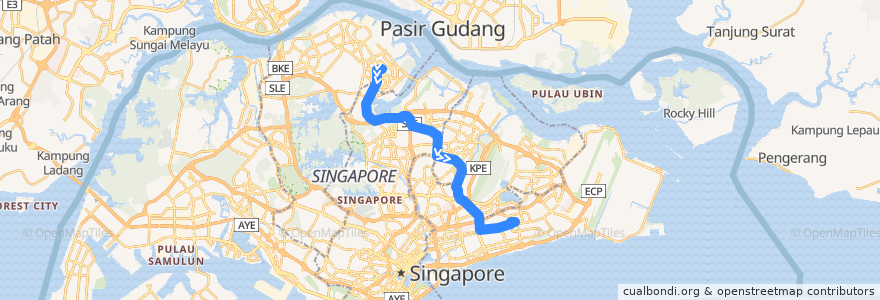 Mapa del recorrido Svc 854E (Yishun Temporary Interchange => Bedok Interchange) de la línea  en Singapore.
