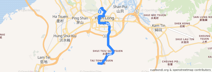 Mapa del recorrido 港鐵巴士K66綫 MTR Bus K66 (朗屏 Long Ping → 大棠 Tai Tong) de la línea  en Yuen Long District.