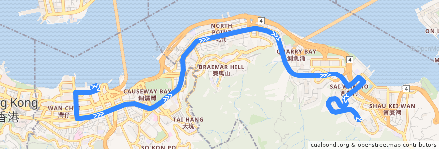 Mapa del recorrido Bus 2A (Wan Chai North → Yiu Tung) de la línea  en 香港島 Hong Kong Island.