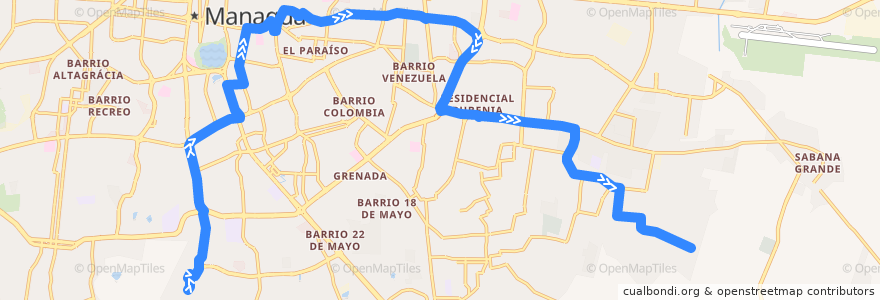 Mapa del recorrido Ruta 168: Colonia Miguel Bonilla -> Lomas de Guadalupe de la línea  en Managua.