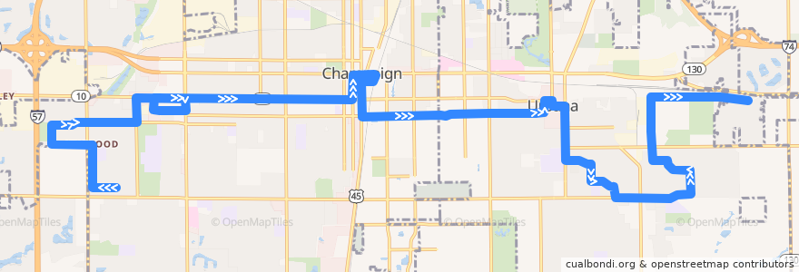 Mapa del recorrido MTD 5E Green Weekday - Daytime AM de la línea  en Champaign County.