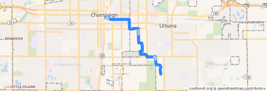 Mapa del recorrido MTD 12E Teal Weekday - Daytime de la línea  en Champaign County.