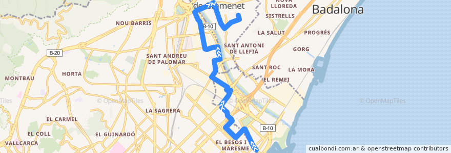 Mapa del recorrido V33 Fòrum / Campus Besòs - Santa Colom de la línea  en Barcelonès.