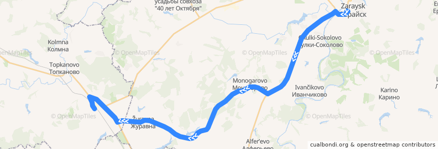 Mapa del recorrido Автобус №62: Зарайск - Журавна - Богатищево de la línea  en городской округ Зарайск.