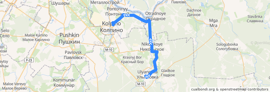 Mapa del recorrido Автобус № 438: ж/д станция Саблино => Колпино, Ленинградская улица de la línea  en Óblast de Leningrado.