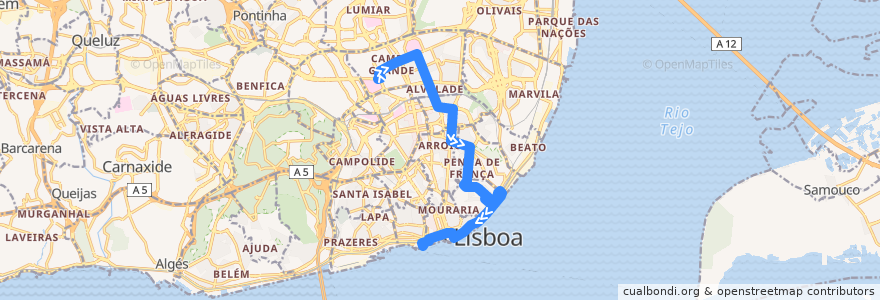 Mapa del recorrido Bus 735: Hospital de Santa Maria → Cais do Sodré de la línea  en Lisboa.