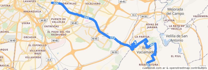 Mapa del recorrido Bus 331: Rivas Futura → Rivas (Sta. Mónica) → Madrid (Conde de Casal) de la línea  en Comunidad de Madrid.