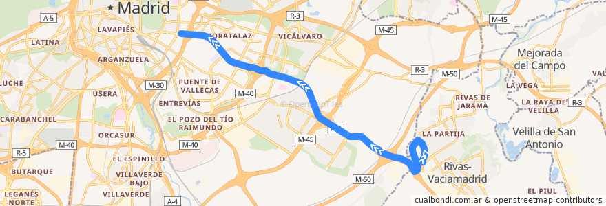 Mapa del recorrido Bus N302: Rivas Pueblo → Madrid (Conde de Casal) de la línea  en Comunidade de Madrid.