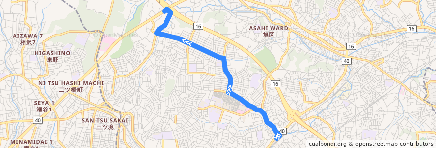 Mapa del recorrido 旭21: 二俣川駅北口 → ニュータウン第1 → 旭高校入口 de la línea  en 旭区.