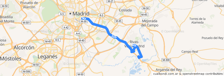 Mapa del recorrido Bus 332: Madrid (Conde de Casal) → Rivas Pueblo de la línea  en Comunidad de Madrid.