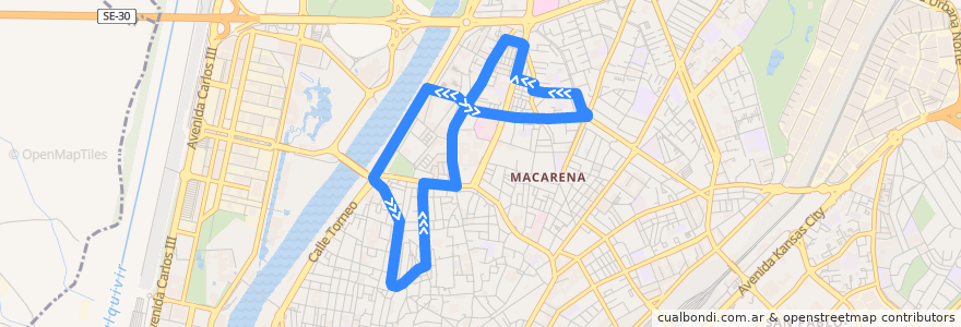 Mapa del recorrido 14 Plaza Duque - Poligono Norte de la línea  en Sevilla.