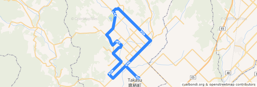 Mapa del recorrido 鷹栖循環線 (Takasu loop Line) de la línea  en Такасу.