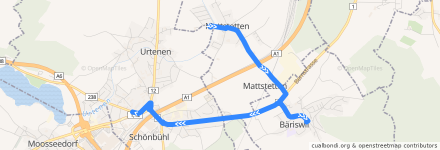 Mapa del recorrido Bus 38: Mattstetten => Bäriswil => Schönbühl RBS de la línea  en Verwaltungskreis Bern-Mittelland.