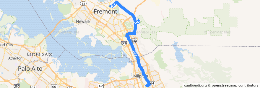 Mapa del recorrido AC Transit 217: Fremont BART => Milpitas BART de la línea  en Californië.