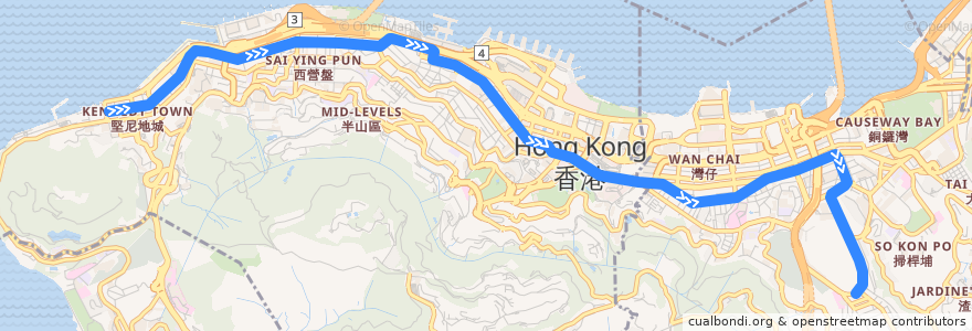 Mapa del recorrido 堅尼地城 → 跑馬地 Kennedy Town → Happy Valley de la línea  en 香港島 Hong Kong Island.