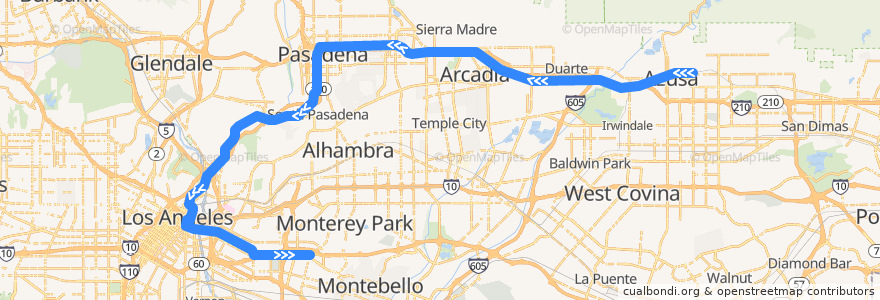 Mapa del recorrido Metro Gold Line (L): APU/Citrus College → Atlantic de la línea  en Los Angeles County.