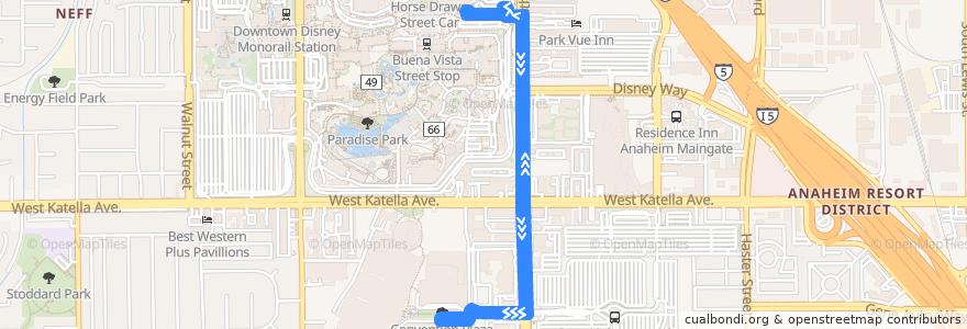 Mapa del recorrido ART Route 4 de la línea  en Anaheim.