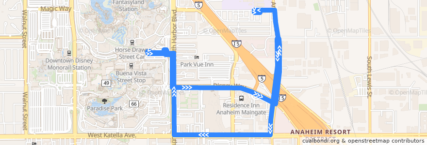 Mapa del recorrido ART Route 6 de la línea  en Anaheim.