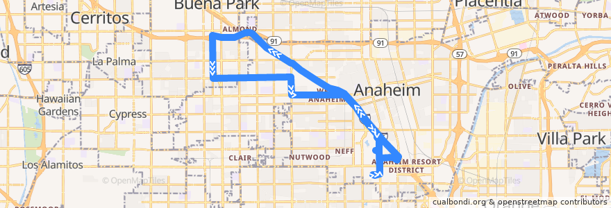 Mapa del recorrido ART Route 18 de la línea  en Anaheim.
