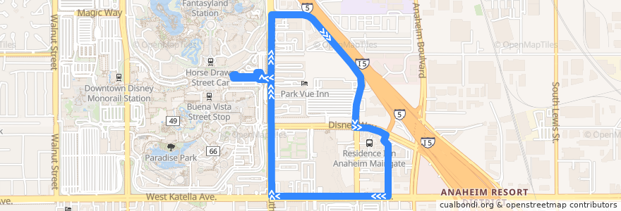 Mapa del recorrido ART Route 8 de la línea  en Anaheim.