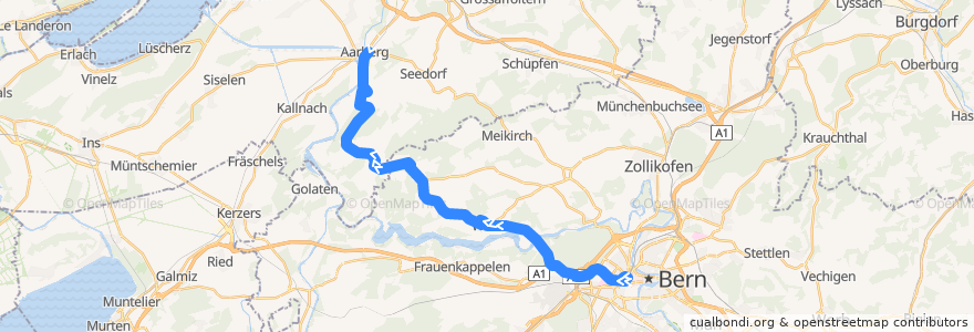 Mapa del recorrido Bus 100: Bern Hauptbahnhof -> Aarberg Post/Bahnhof de la línea  en 베른.