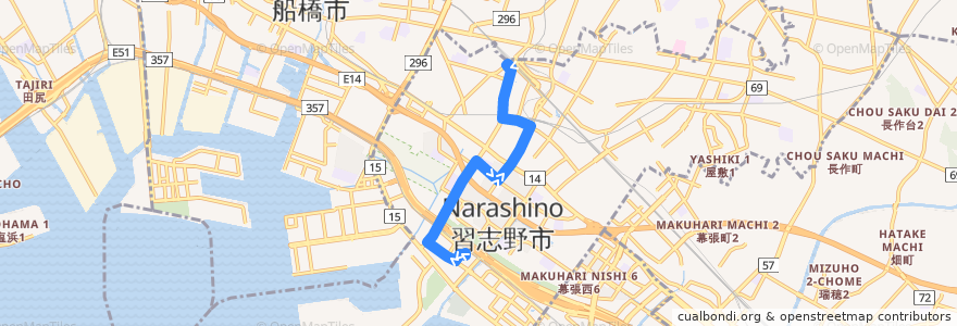 Mapa del recorrido バス: 津52: 新習志野駅 => 京成津田沼駅 => 津田沼駅 de la línea  en 習志野市.