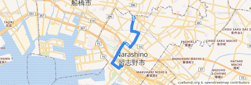 Mapa del recorrido バス: 津52: 津田沼駅 => 京成津田沼駅 => 新習志野駅 de la línea  en Narashino.