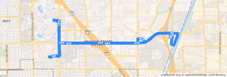 Mapa del recorrido ART Route 15 de la línea  en Anaheim.