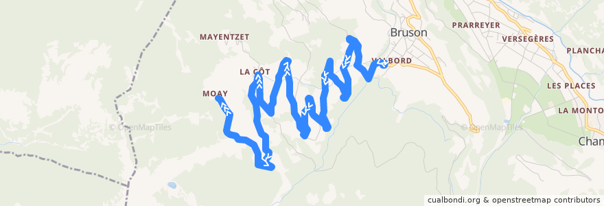 Mapa del recorrido Bus Bruson <-> Moay de la línea  en Val de Bagnes.