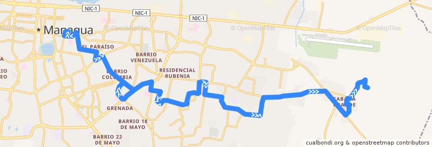 Mapa del recorrido Ruta 163: Mercado Oriental -> Sabana Grande de la línea  en Managua.