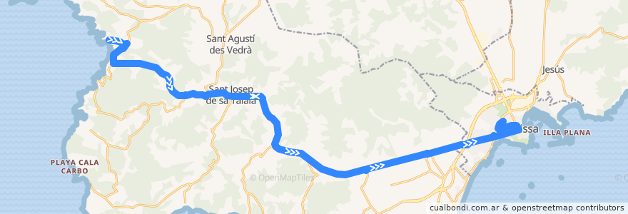 Mapa del recorrido Bus L38: Cala Tarida → Sant Josep → Eivissa de la línea  en Sant Josep de sa Talaia.