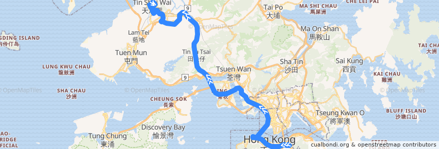 Mapa del recorrido 過海隧巴969線 Cross-harbour Bus 969 (銅鑼灣 Causeway Bay → 天水圍市中心 Tin Shui Wai Town Centre) de la línea  en 香港.