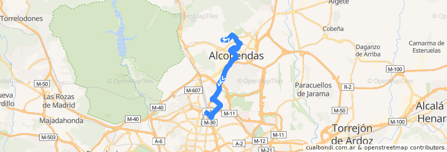 Mapa del recorrido Bus 158: San Sebastián de los Reyes (Tempranales) → Pinar de Chamartín de la línea  en Comunidad de Madrid.