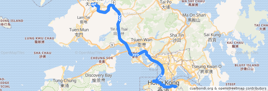 Mapa del recorrido 過海隧巴969線 Cross-harbour Bus 969 (天耀 Tin Yiu → 銅鑼灣 Causeway Bay) de la línea  en Hong Kong.