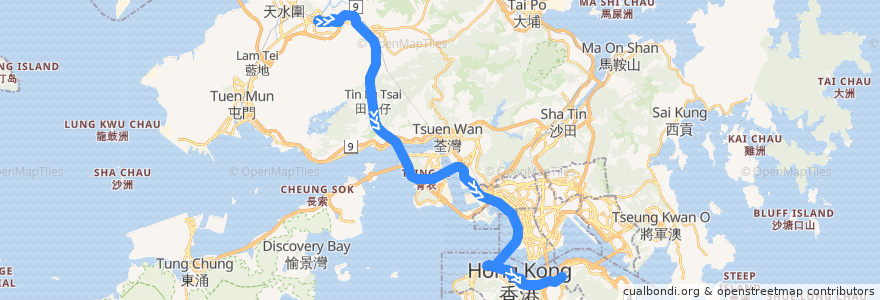 Mapa del recorrido Bus 968 (Yuen Long (West) → Causeway Bay (Tin Hau)) de la línea  en 香港 Hong Kong.