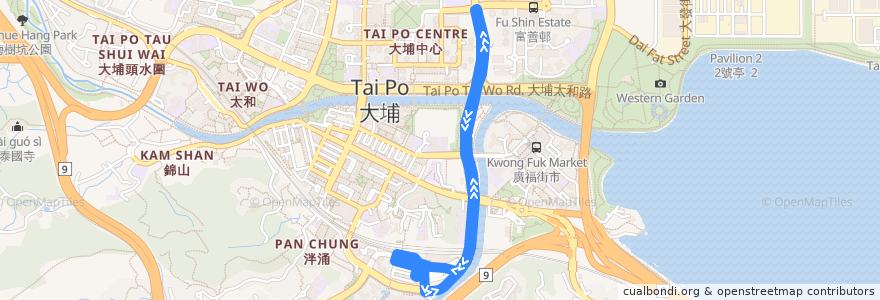 Mapa del recorrido K17 de la línea  en 大埔區 Tai Po District.