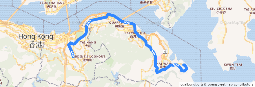 Mapa del recorrido 城巴8X線 Citybus 8X (小西灣（藍灣半島） Siu Sai Wan (Island Resort) → 跑馬地（下） Happy Valley (Lower)) de la línea  en 東區 Eastern District.