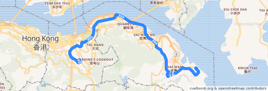 Mapa del recorrido 城巴8X線 Citybus 8X (跑馬地（下） Happy Valley (Lower) → 小西灣（藍灣半島） Siu Sai Wan (Island Resort)) de la línea  en 東區 Eastern District.