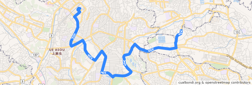 Mapa del recorrido 新ゆり線 de la línea  en 川崎市.