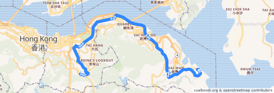 Mapa del recorrido 城巴19線 Citybus 19 (小西灣（藍灣半島） Siu Sai Wan (Island Resort) → 跑馬地（上） Happy Valley (Upper)) de la línea  en 香港島 Hong Kong Island.