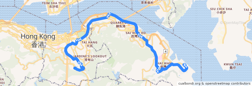 Mapa del recorrido 城巴19線 Citybus 19 (跑馬地（上） Happy Valley (Upper) → 小西灣（藍灣半島） Siu Sai Wan (Island Resort)) de la línea  en Pulau Hong Kong.