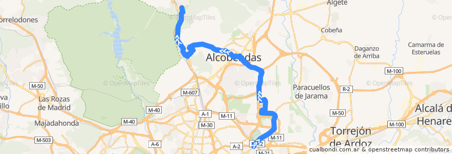 Mapa del recorrido Bus 827: Madrid (Canillejas) → Alcobendas → Universidad Autónoma → Tres Cantos de la línea  en Comunidad de Madrid.