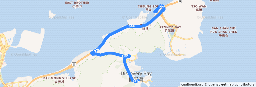 Mapa del recorrido DB03R - 愉景灣碼頭廣場 往 欣澳站 Discovery Bay Ferry Pier Plaza to Sunny Bay Station de la línea  en Hong Kong.