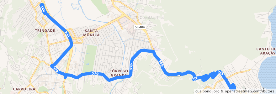 Mapa del recorrido Ônibus 845: Lagoa da Conceição via Córrego Grande, TITRI => TILAG, Volta de la línea  en Florianópolis.