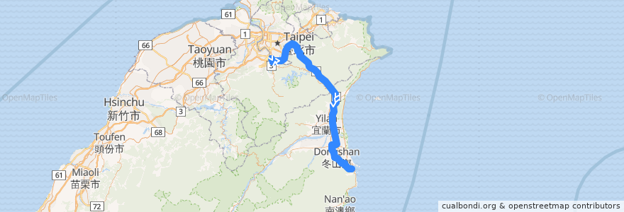 Mapa del recorrido 9028 捷運大坪林-羅東-蘇澳 (往程) de la línea  en 中華民國12浬領海外界線.