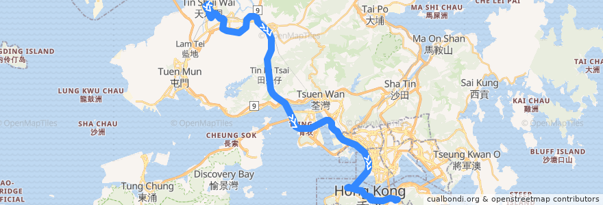 Mapa del recorrido 過海隧巴969線 Cross-harbour Bus 969 (天水圍市中心 Tin Shui Wai Town Centre → 銅鑼灣 Causeway Bay (不經美湖居 omit Maywood Court)) de la línea  en 香港 Hong Kong.