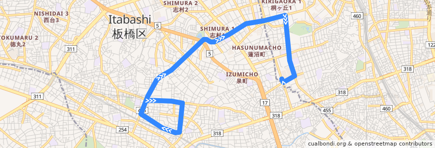 Mapa del recorrido 赤93 de la línea  en Itabashi.