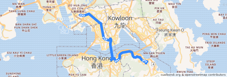 Mapa del recorrido Cross-harbour Bus 102 (Mei Foo → Shau Kei Wan) de la línea  en Hong Kong.