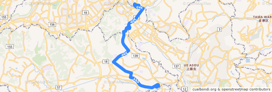 Mapa del recorrido 鶴川21系統 de la línea  en Giappone.