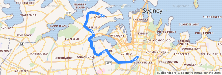 Mapa del recorrido Bus 433: Balmain Gladstone Park => Central Pitt St de la línea  en Sydney.